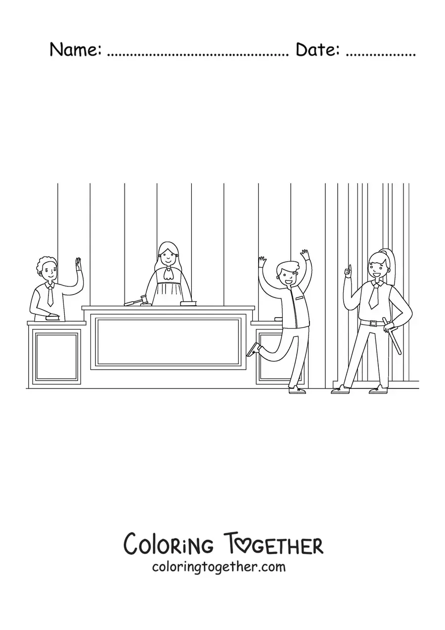 Coloring page of a cartoon judge and lawyer at a trial