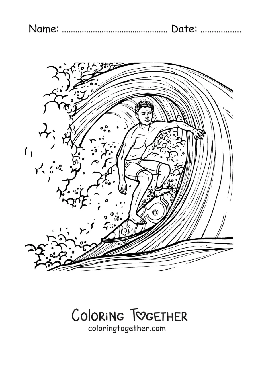 Coloring page of a boy surfing a wave in a realistic style