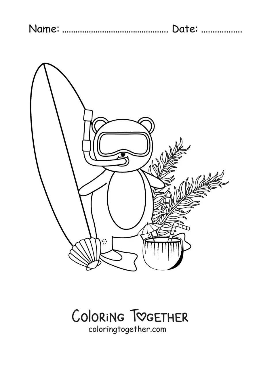 Coloring page of a cartoon surfer bear