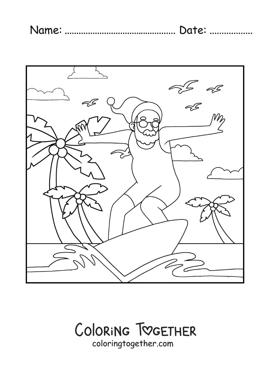 Coloring page of a cartoon Santa surfing at the beach