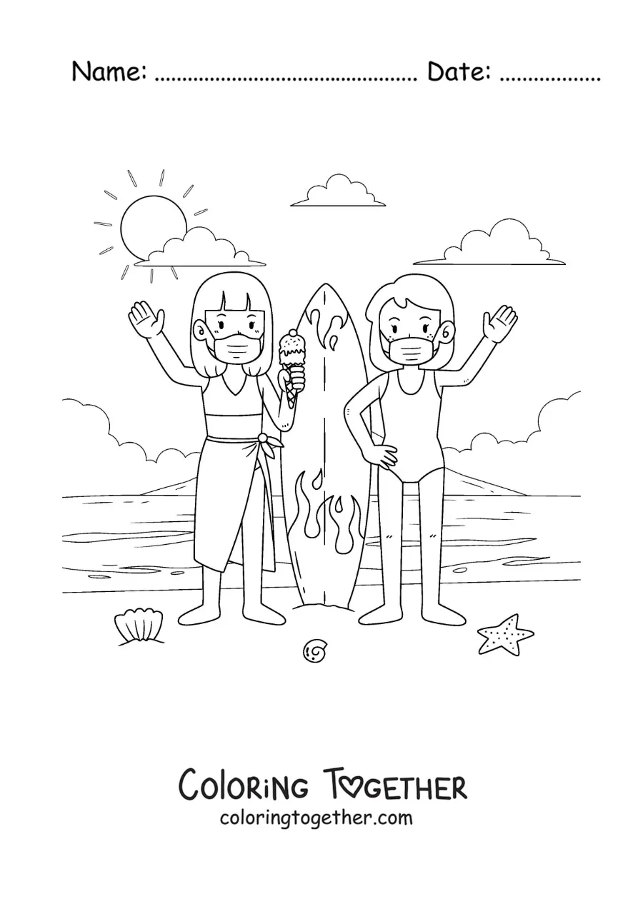 Coloring page of two girls at the beach wearing masks next to a surfboard