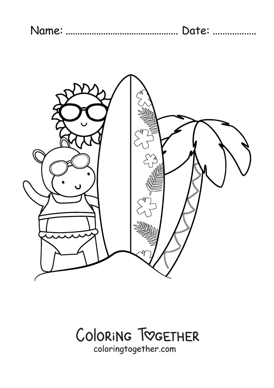 Coloring page of a cartoon surfer hippo at the beach
