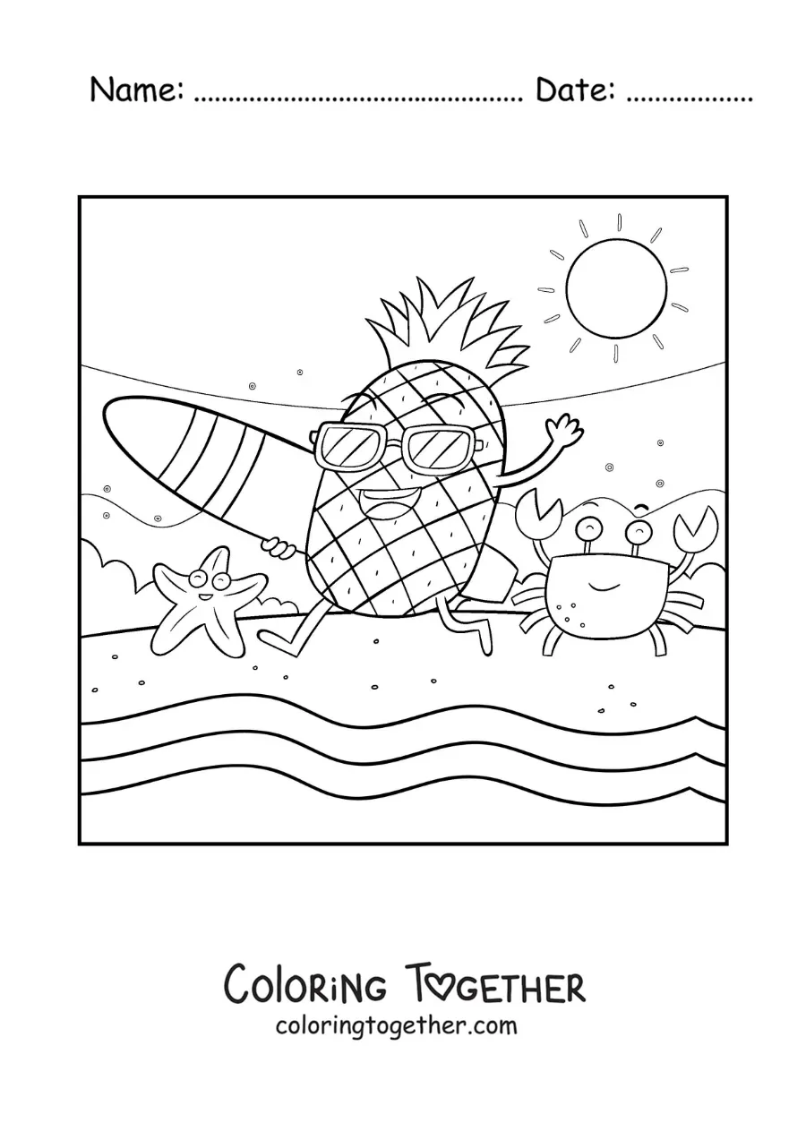 Coloring page of a cartoon surfer pineapple running into the sea at the beach