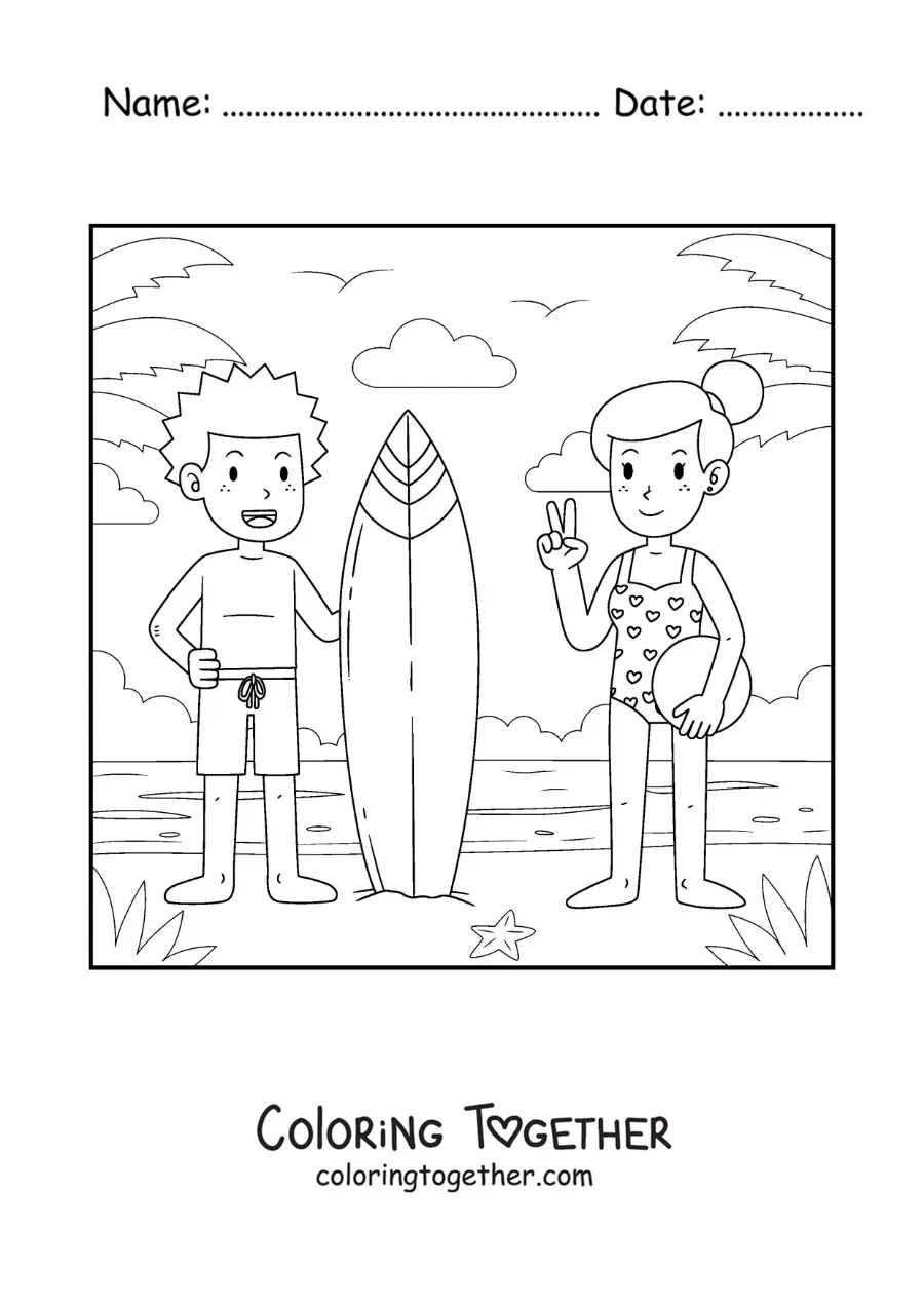 Coloring page of a surfer boy and a girl with a ball at the beach