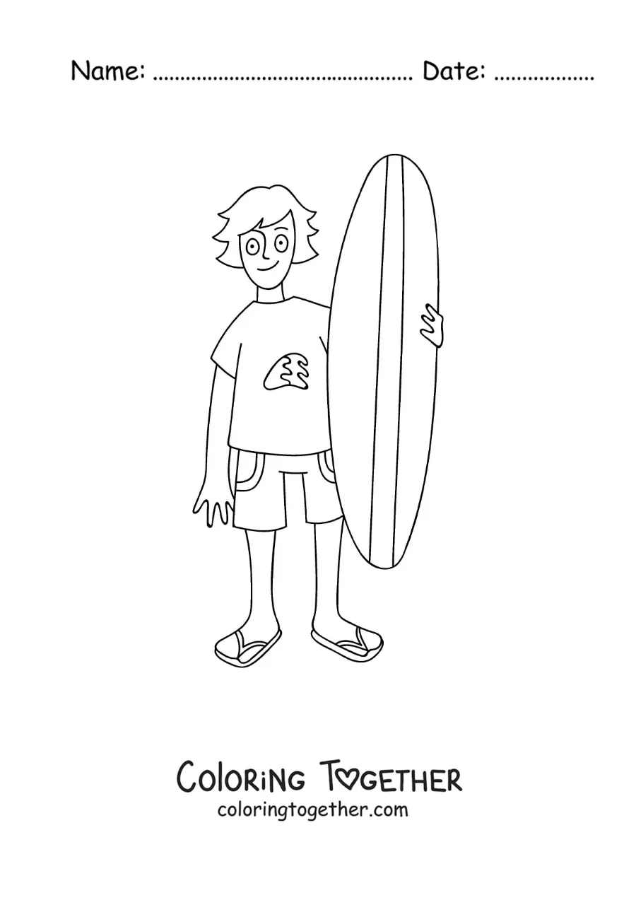 Coloring page of a cartoon of a surfer boy