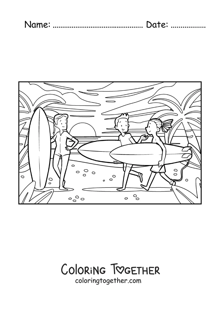 Coloring page of a group of young surfers at the beach
