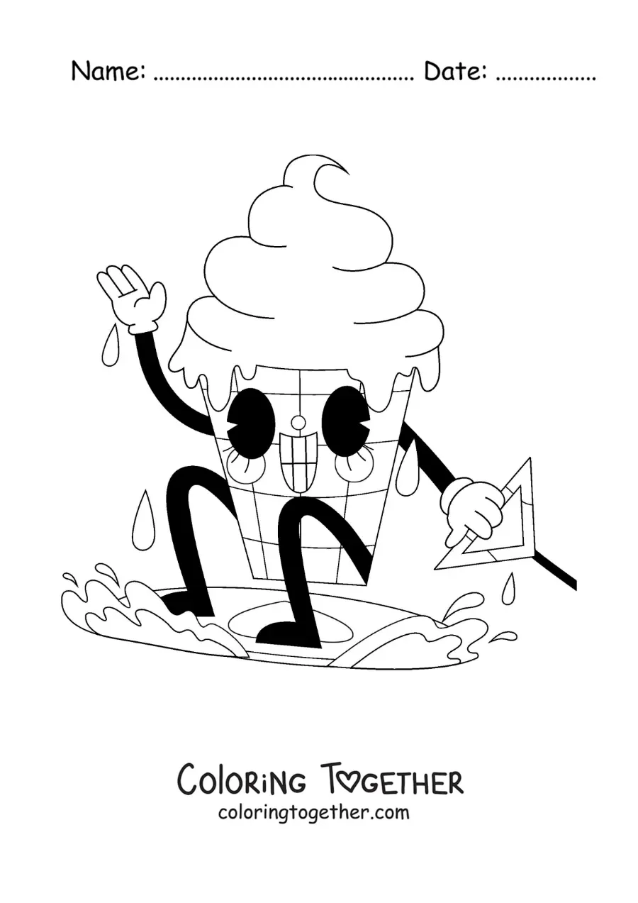 Coloring page of a cartoon of an animated ice cream surfing