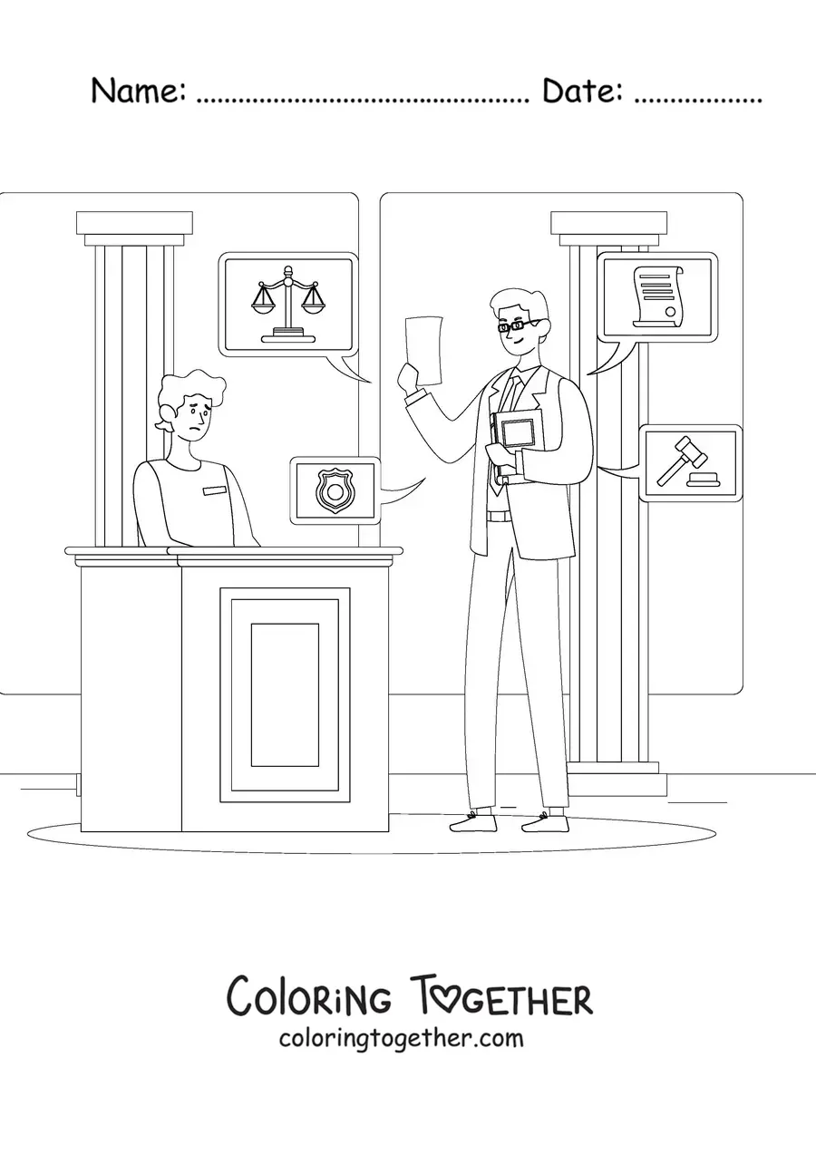 Coloring page of a lawyer questioning at a trial