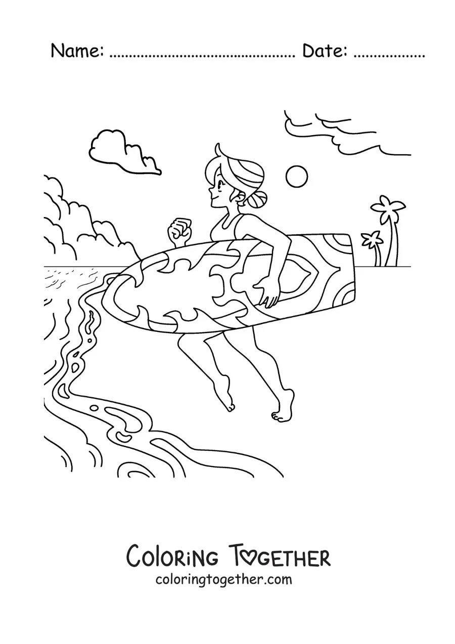 Coloring page of a surfer girl running into the sea at the beach