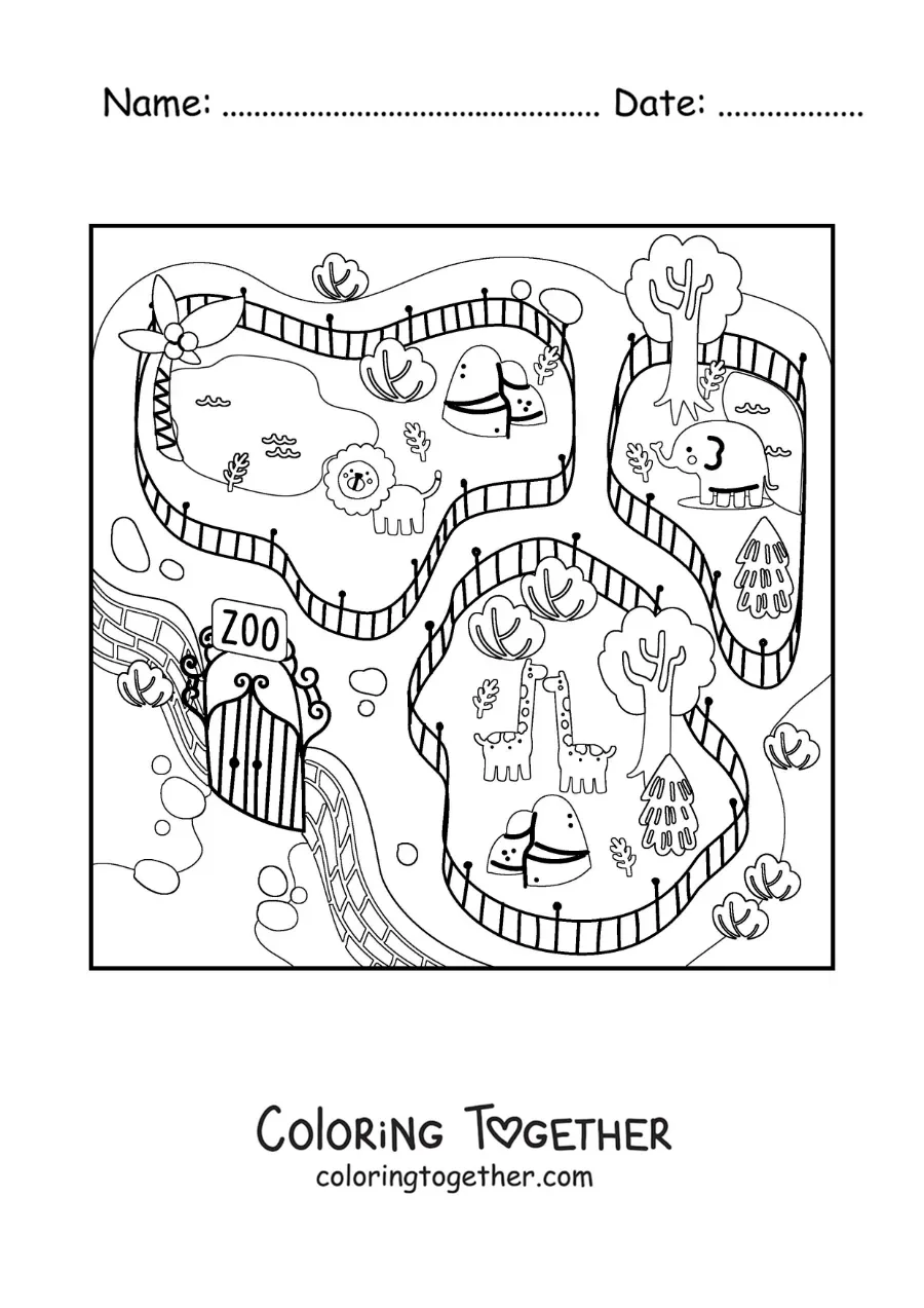Coloring page of a zoo with giraffes, elephants and lions