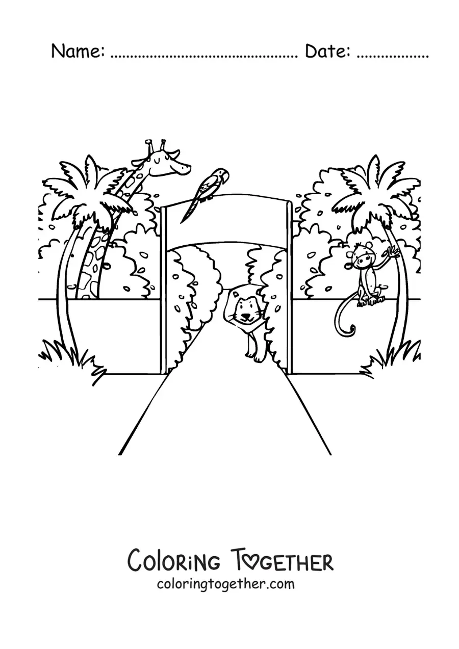 Coloring page of the entrance of a zoo park