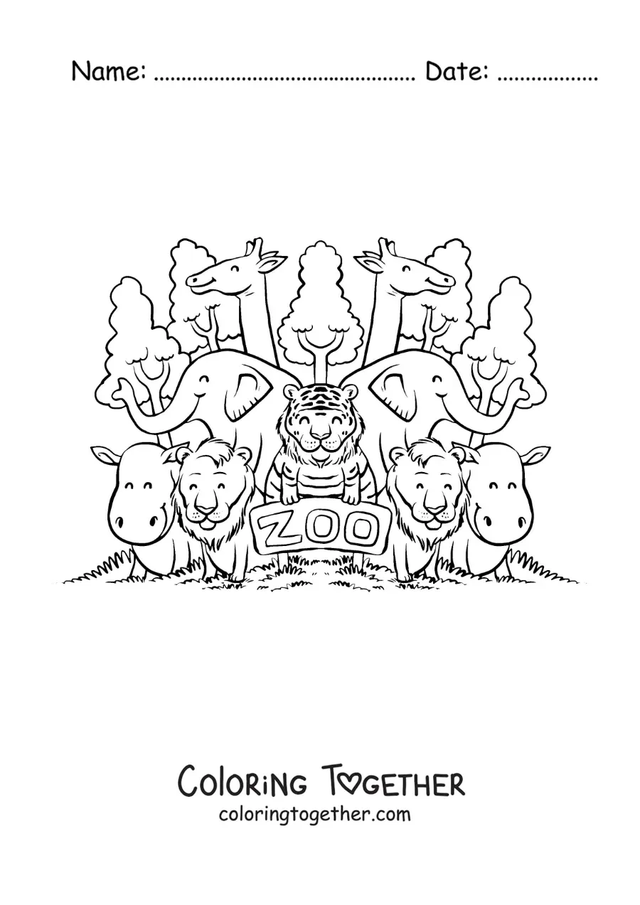 Coloring page of a zoo with all its cartoon animals