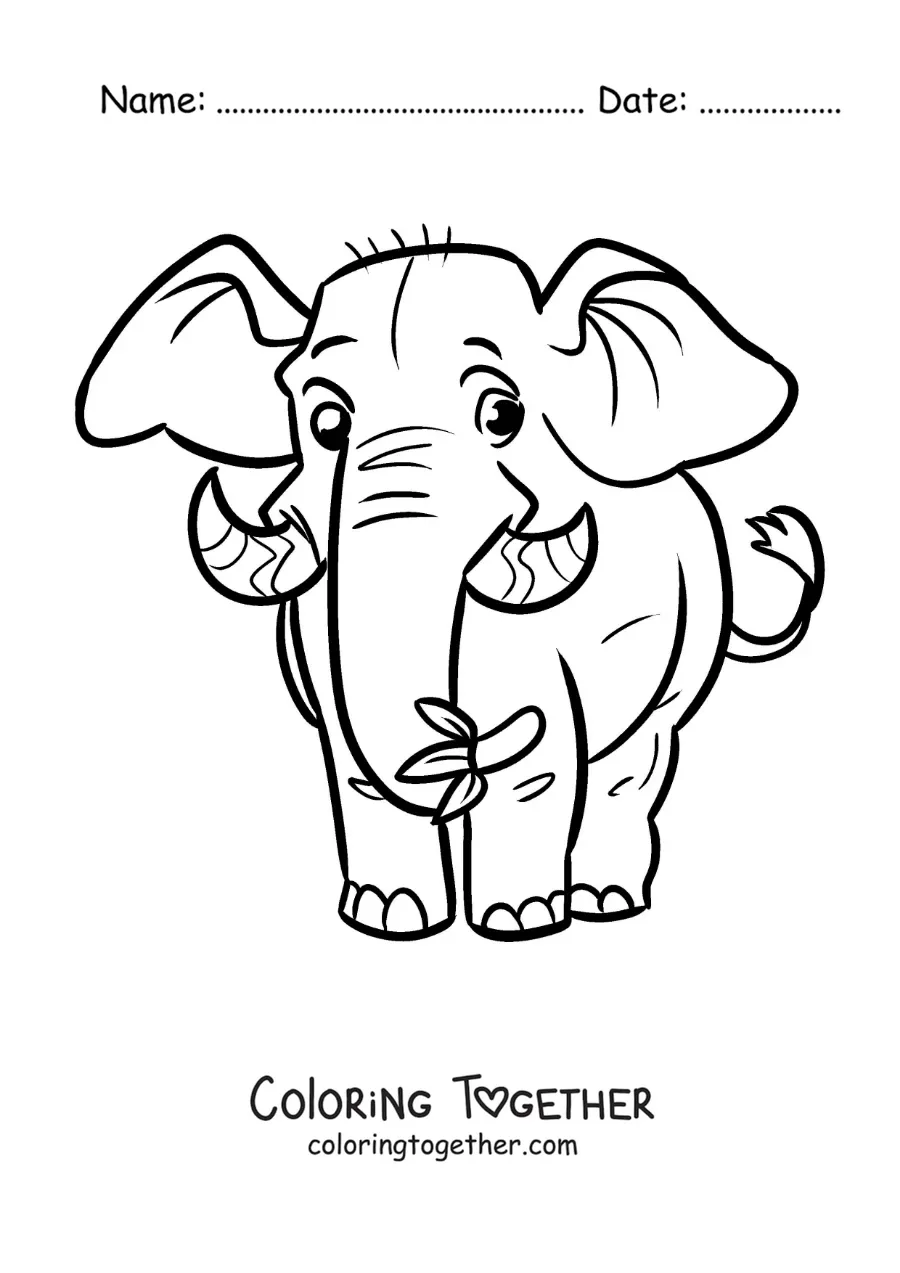 Coloring page of a cartoon zoo elephant eating a banana
