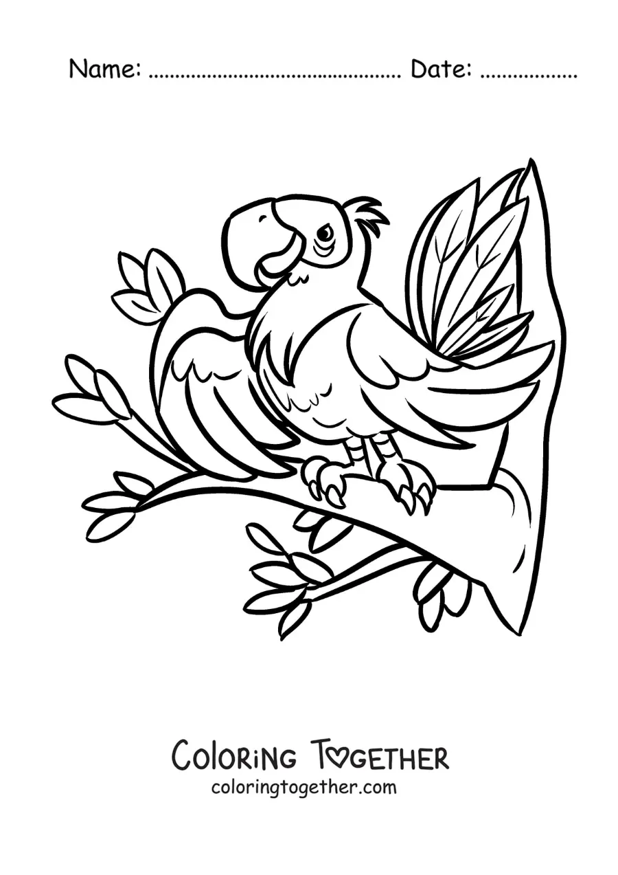 Coloring page of a cartoon zoo macaw in a tree