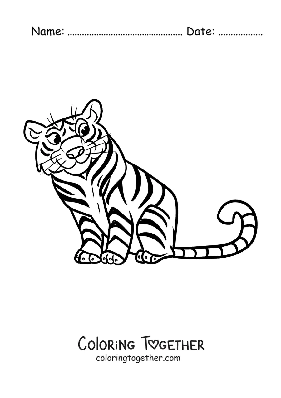 Coloring page of a cartoon zoo tiger sitting down