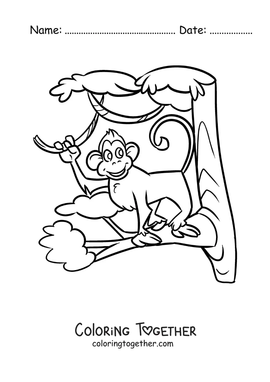 Coloring page of a cartoon zoo monkey in a tree