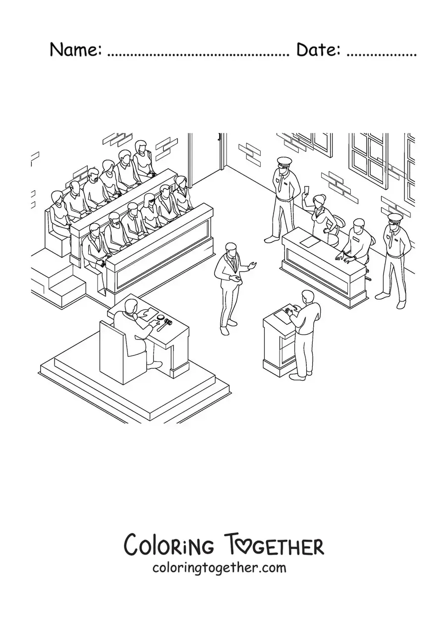 Coloring page of a scene with a judge and a lawyer at a trial