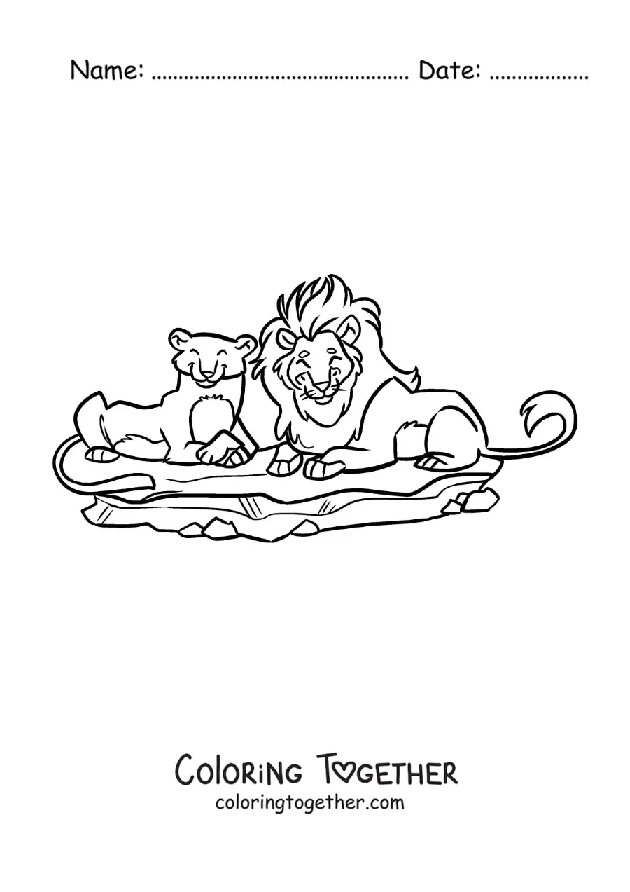 Coloring page of a pair of cartoon zoo lions lying down