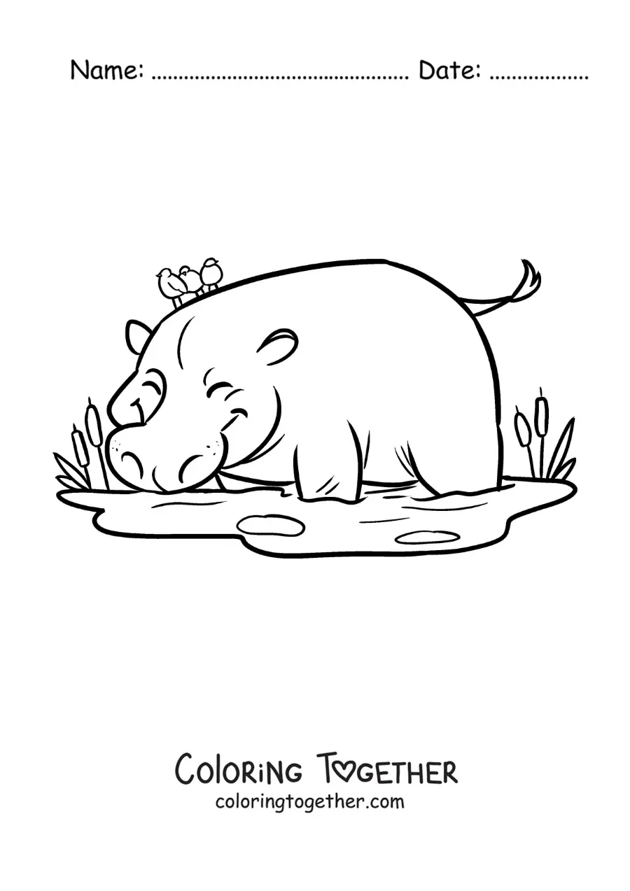 Coloring page of a cartoon zoo hippo drinking from a pond
