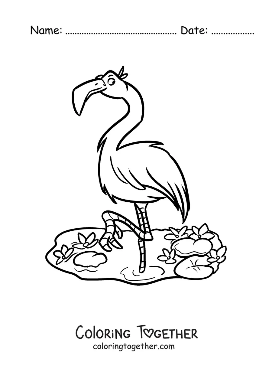 Coloring page of a cartoon zoo flamingo in a pond