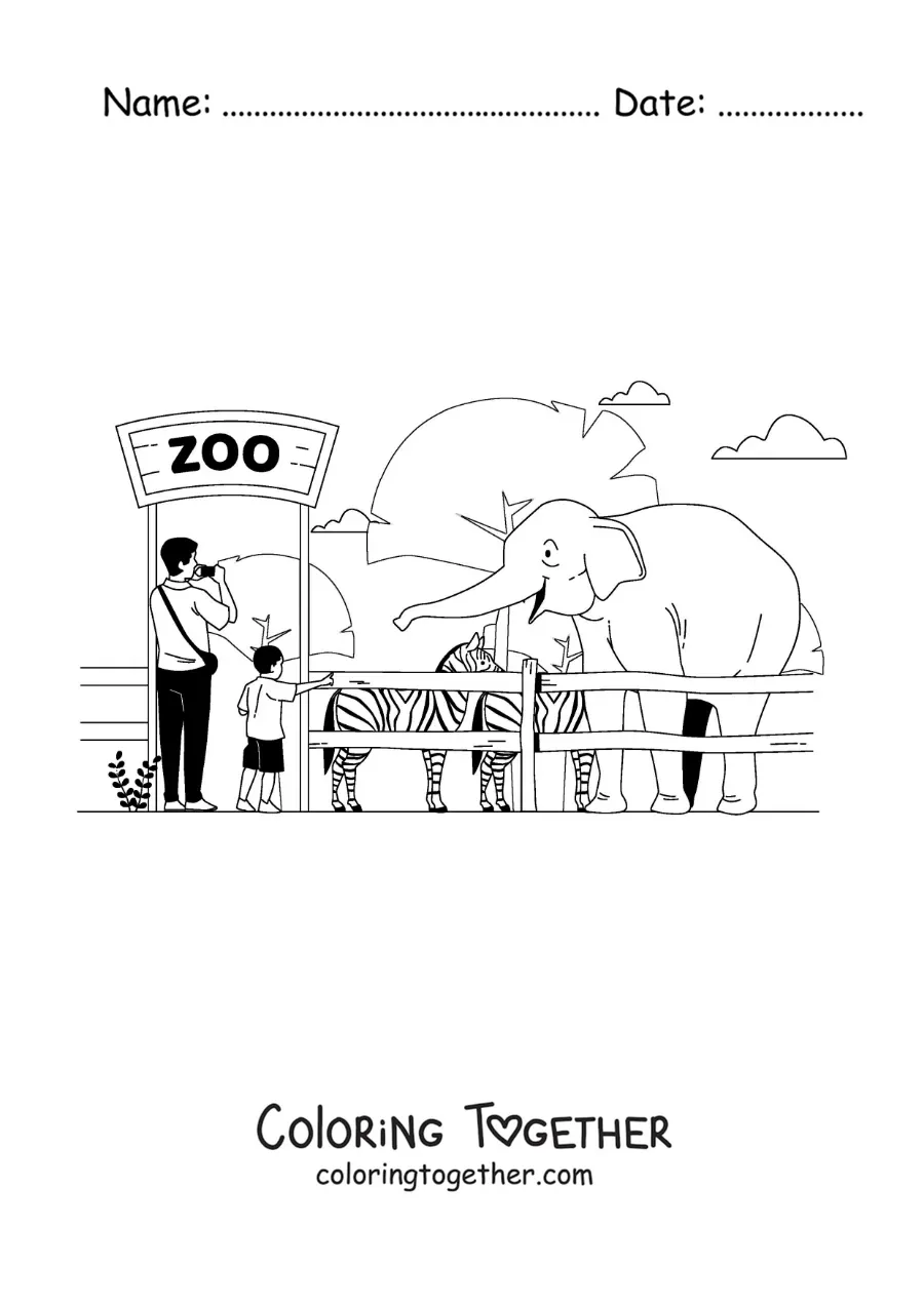 Coloring page of a boy and his father visiting the zoo