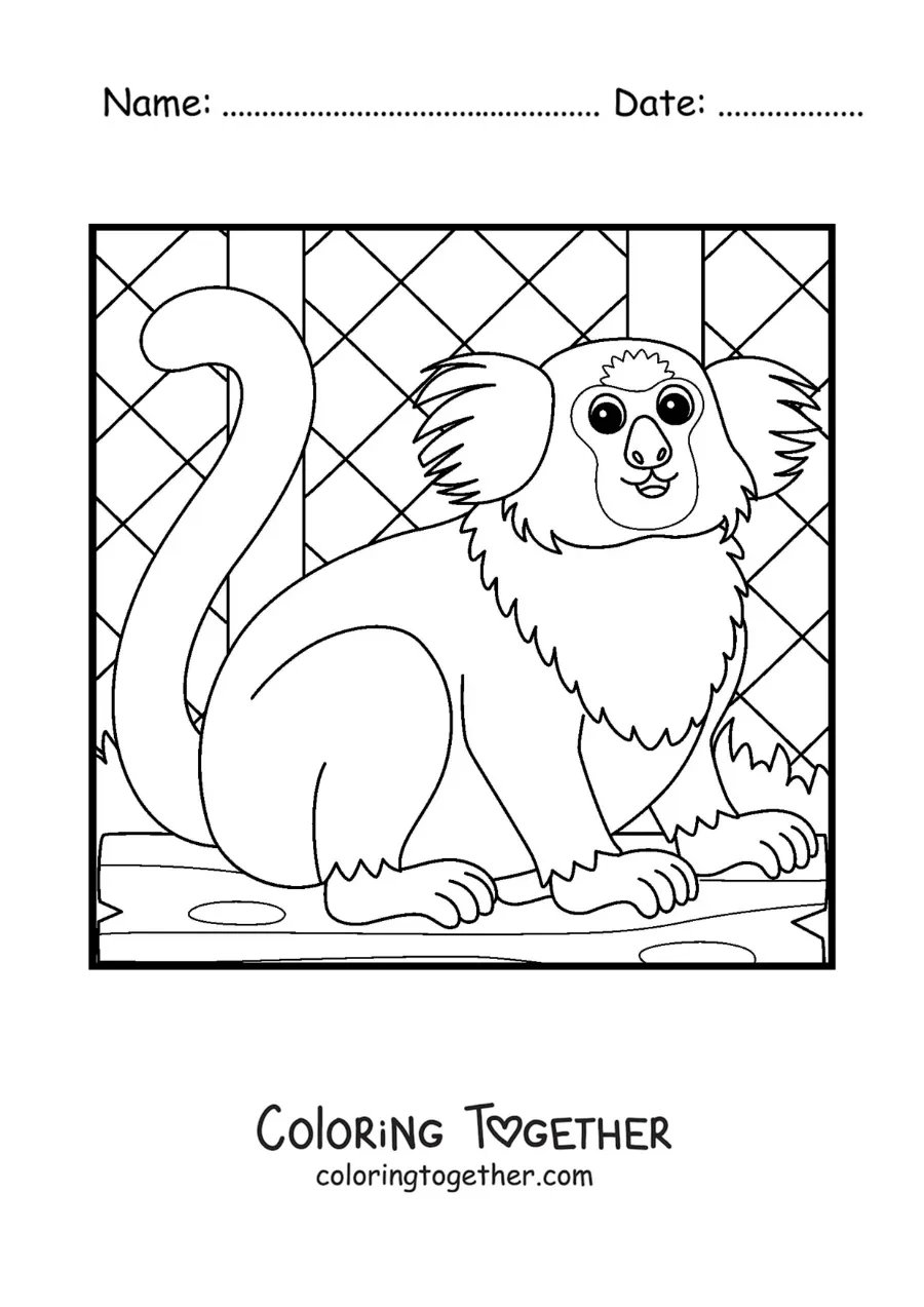 Coloring page of a cartoon zoo marmoset monkey in a cage