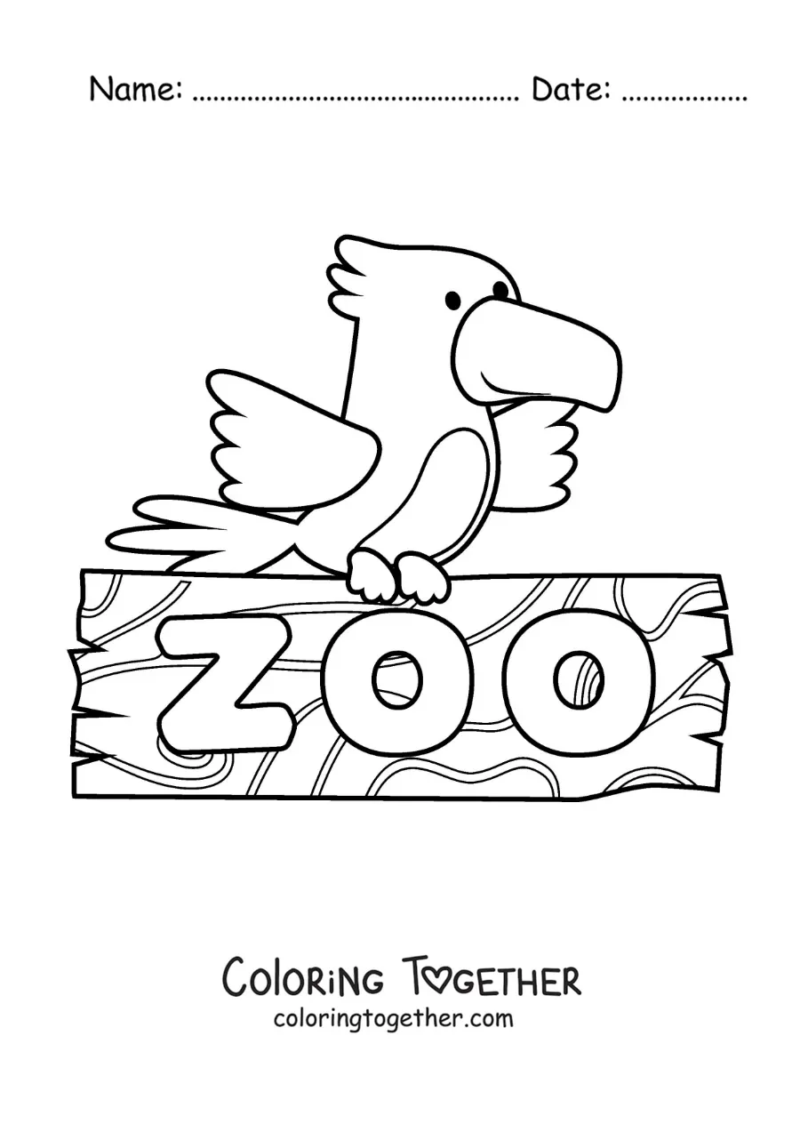 Coloring page of a cartoon of a bird perched on a zoo sign