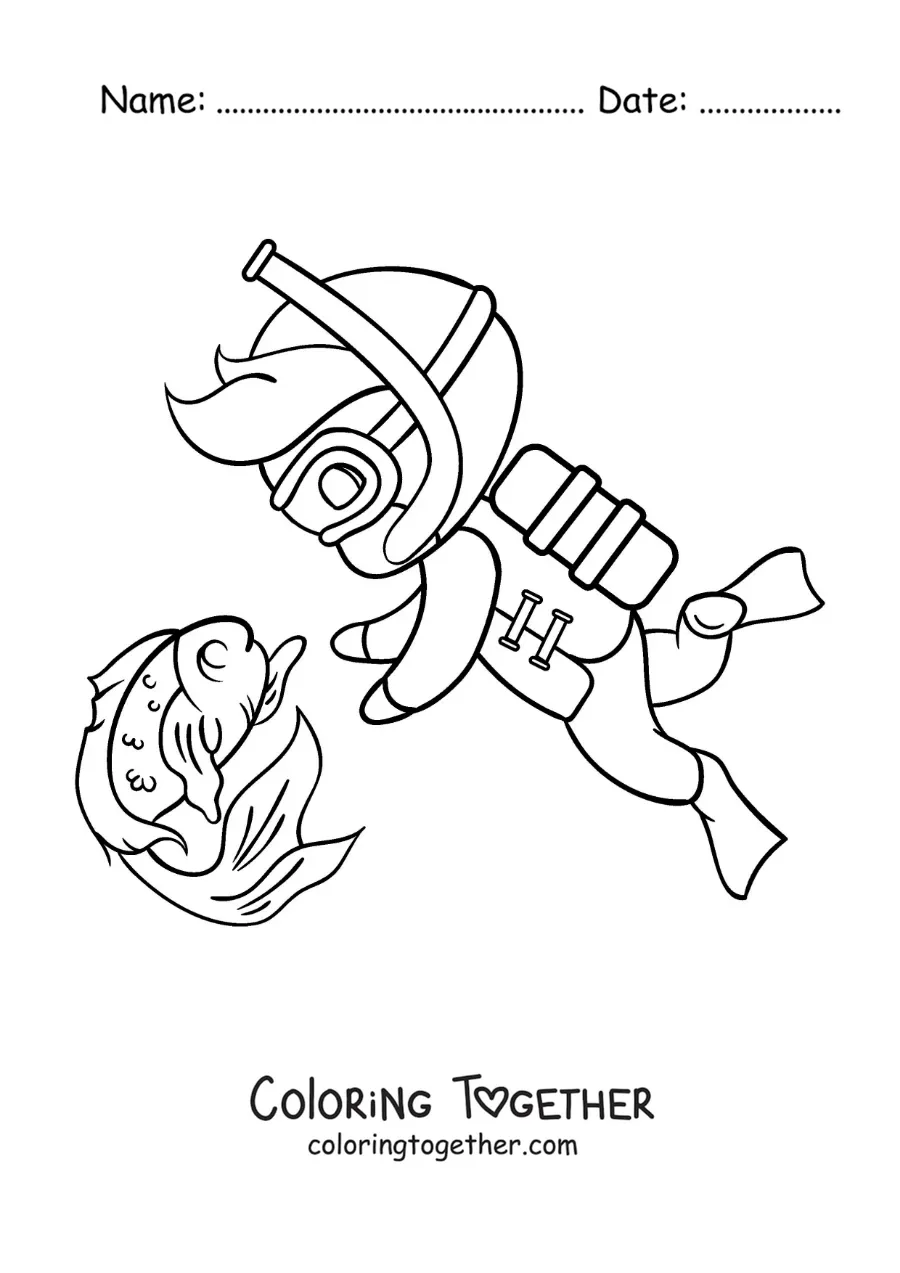 Coloring page of a boy diving next to a cartoon fish