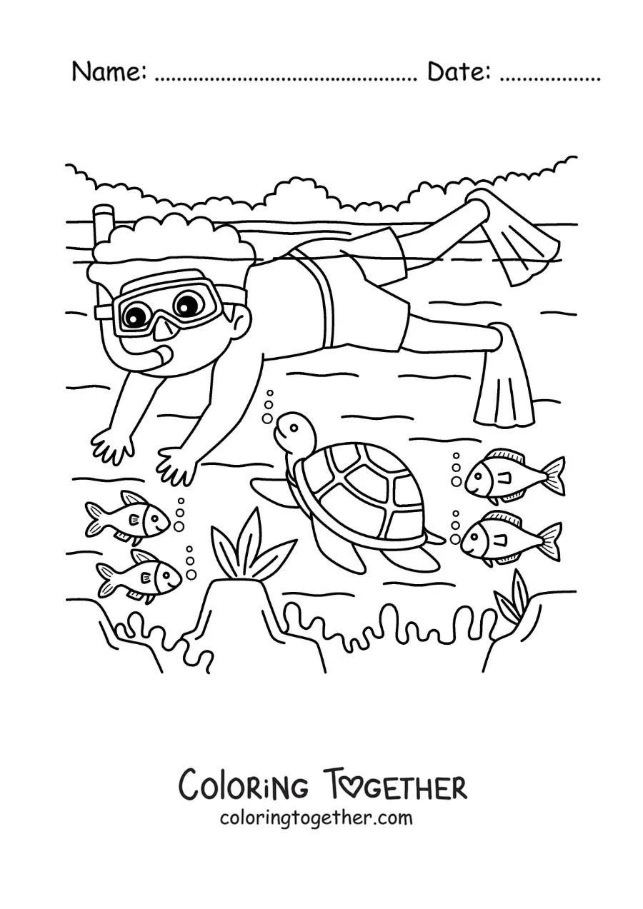 Coloring page of a boy diving on the sea floor with fish and a turtle