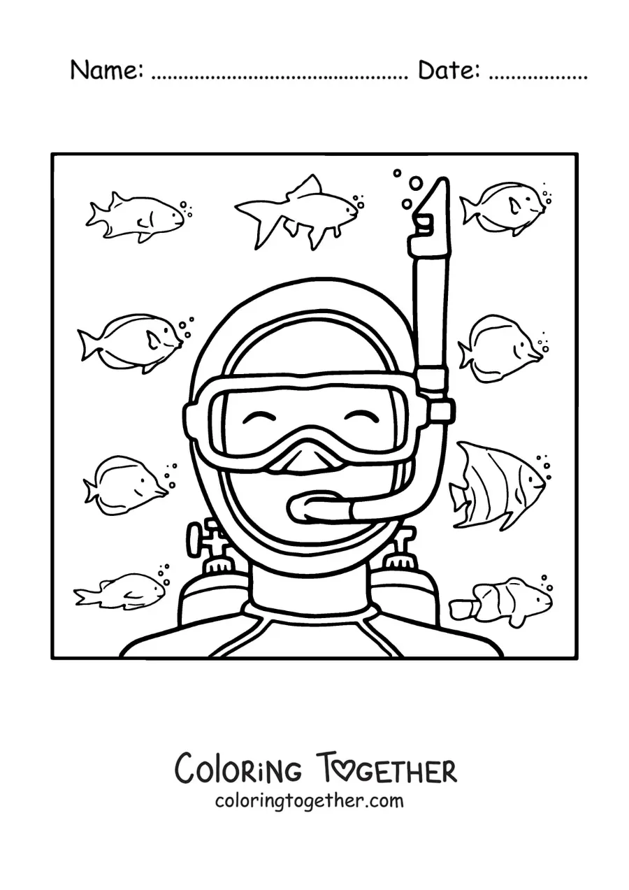 Coloring page of a diver on the sea floor surrounded by fish