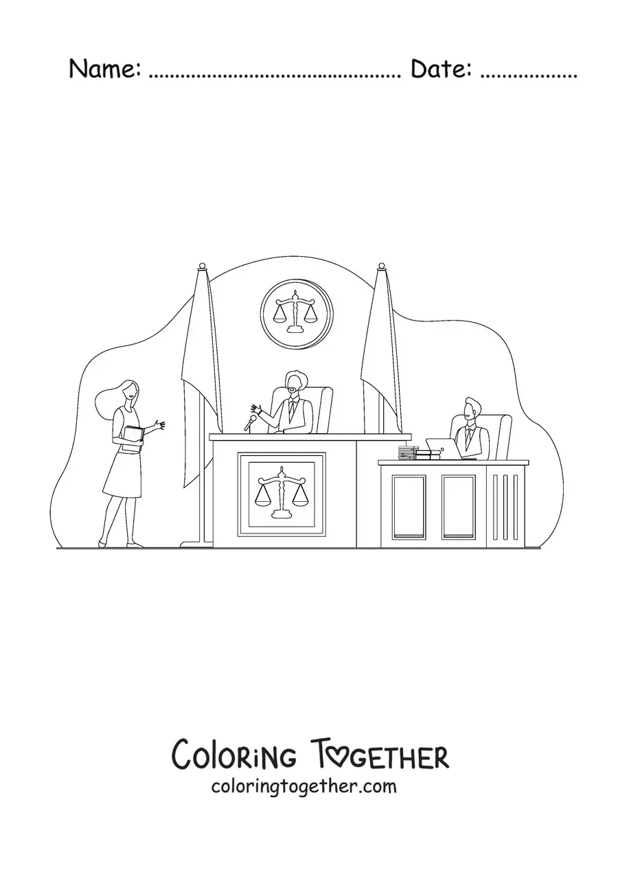 Coloring page of a lawyer before a judge at a trial