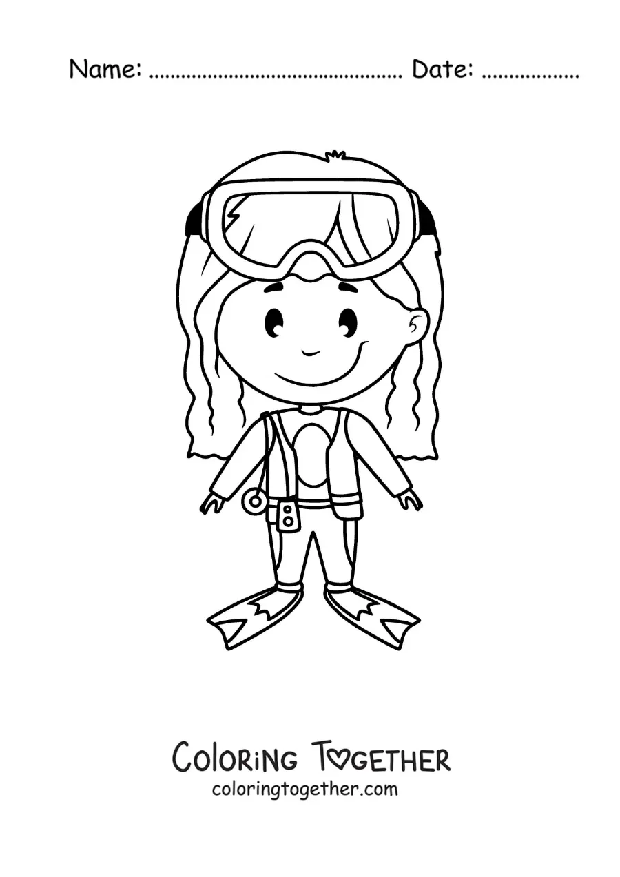 Coloring page of a girl with diving gear