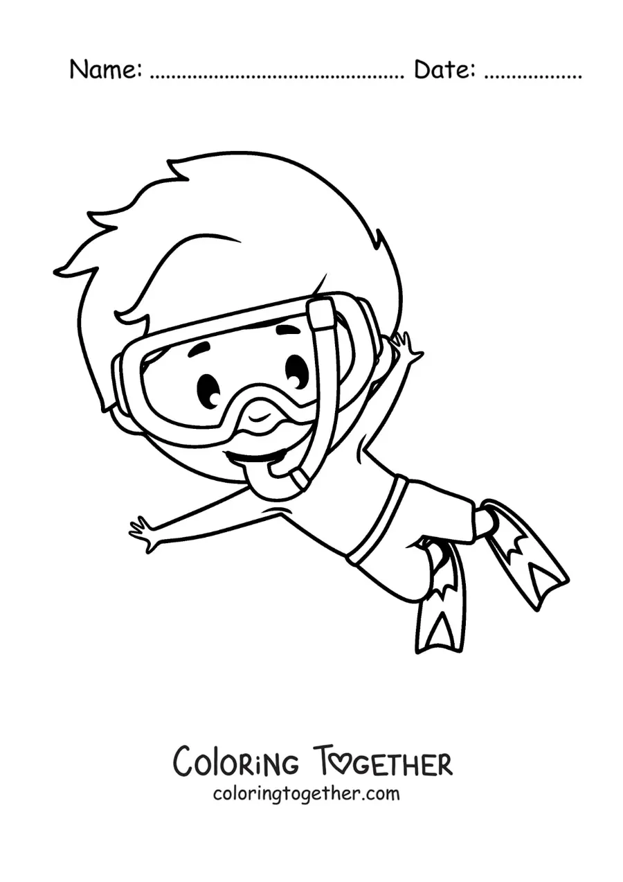 Coloring page of a boy swimming with a snorkel