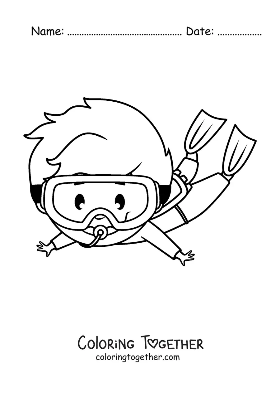 Coloring page of a boy diving with a snorkel