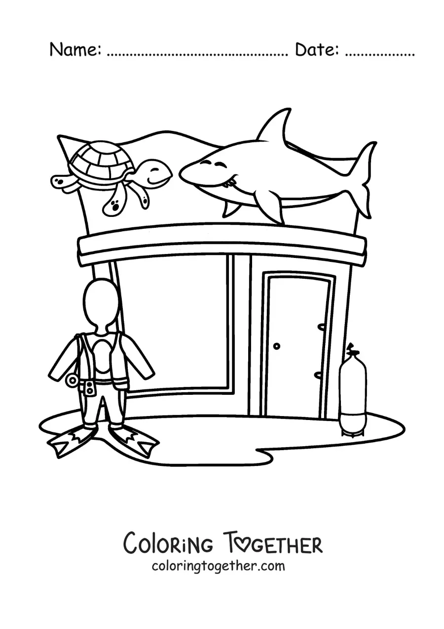 Coloring page of a diving gear shop