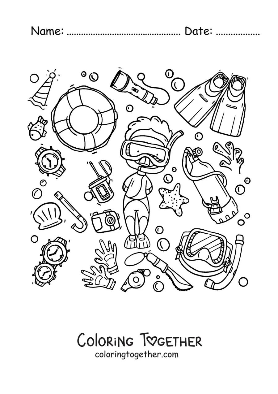 Coloring page of a diver with his diving gear