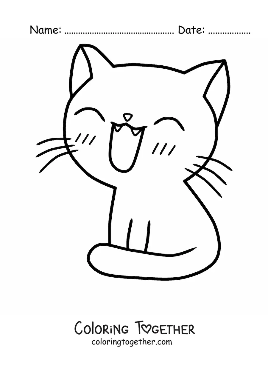 Coloring page of a kawaii cat sitting and smiling