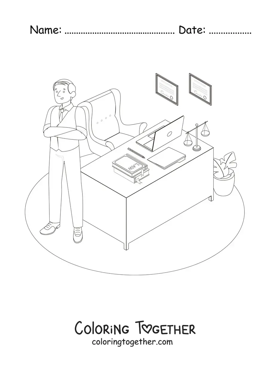 Coloring page of a lawyer in his office