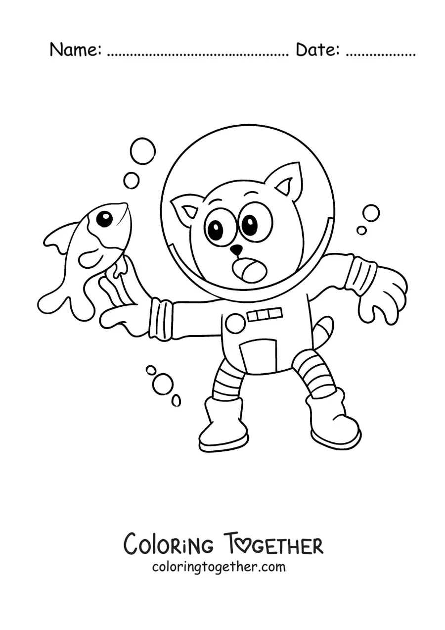 Coloring page of a cartoon cat diving and catching a fish