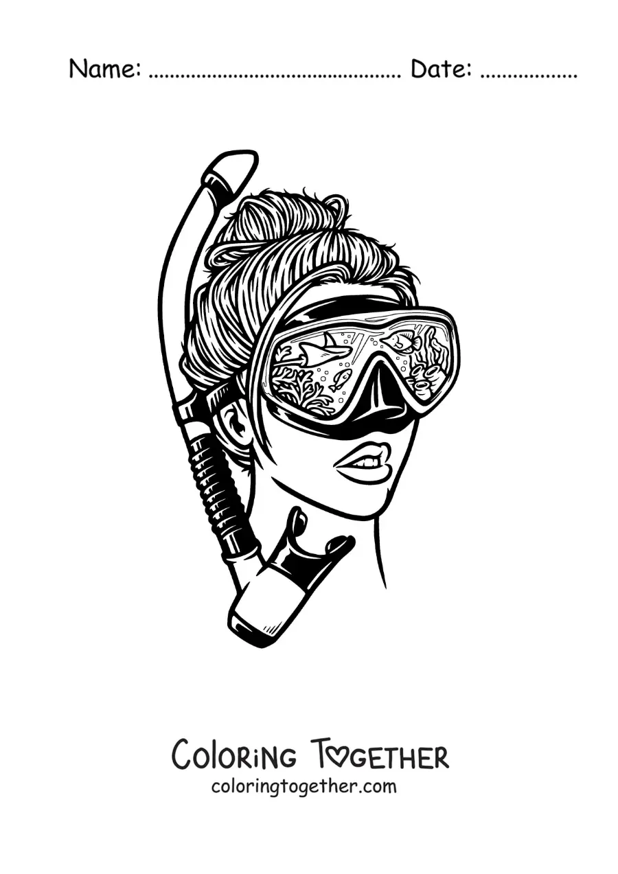 Coloring page of a girl in realistic style with goggles and a snorkel