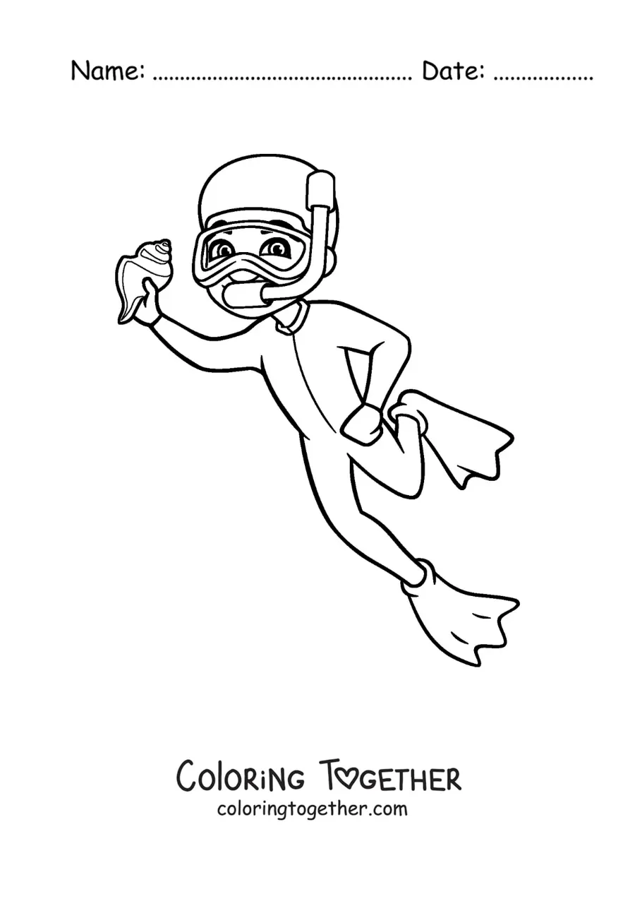 Coloring page of a boy diving and finding a conch shell