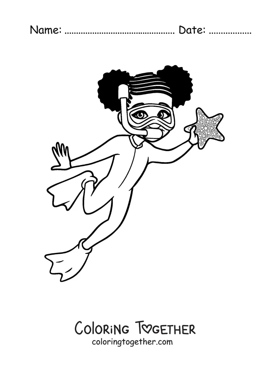 Coloring page of a girl diving and finding a starfish