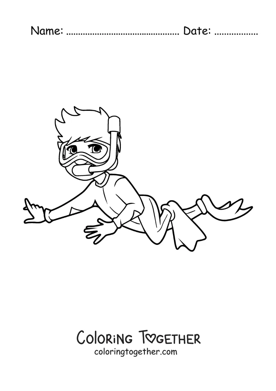 Coloring page of a boy diving with flippers and a snorkel