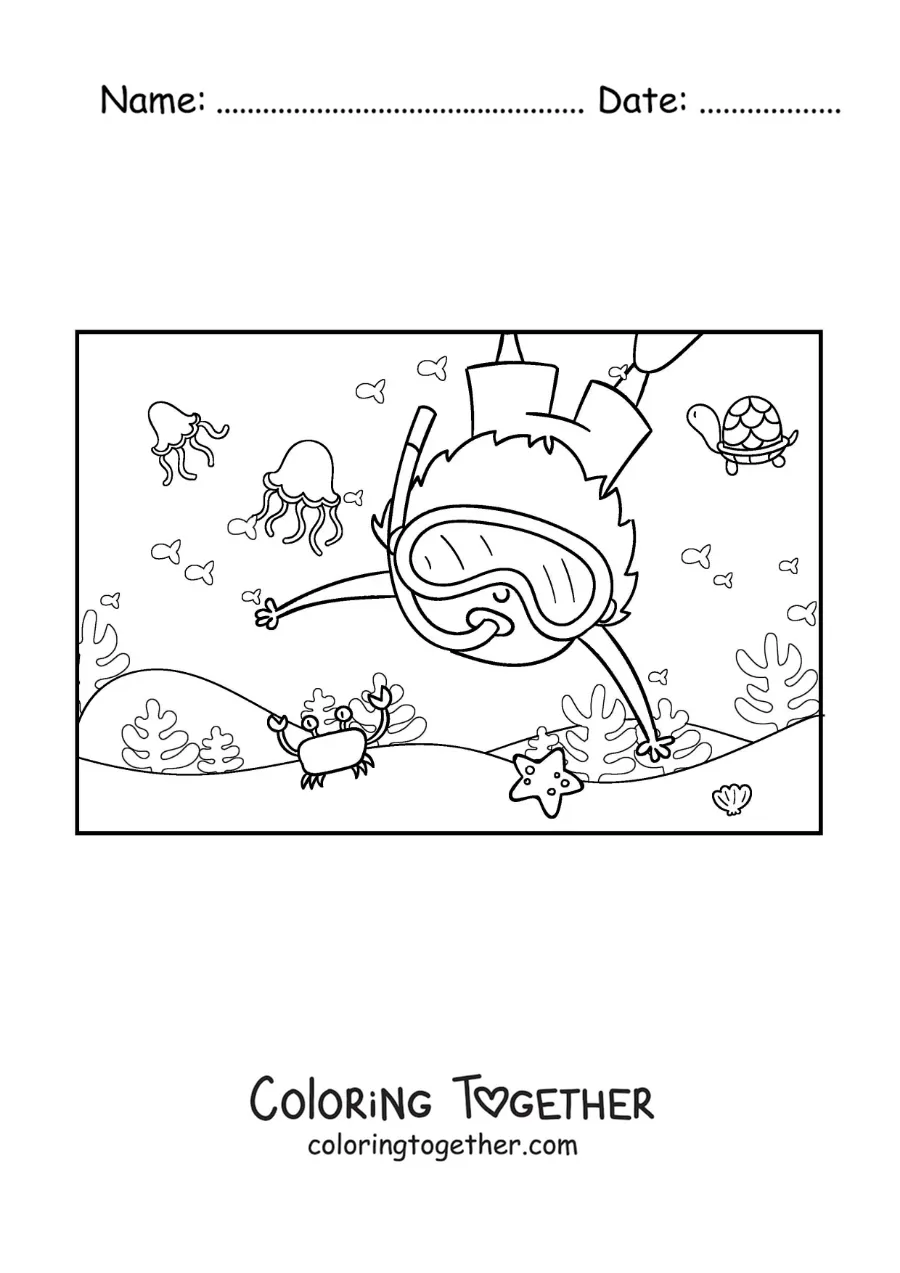 Coloring page of a boy diving on the ocean floor with crabs and jellyfish