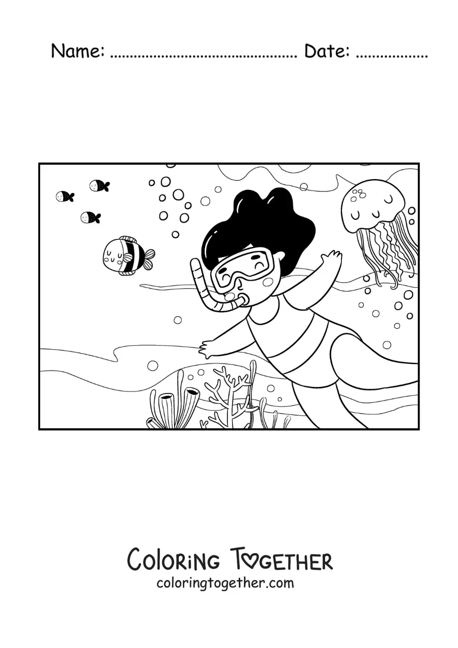 Coloring page of a girl diving on the ocean floor with fish and jellyfish