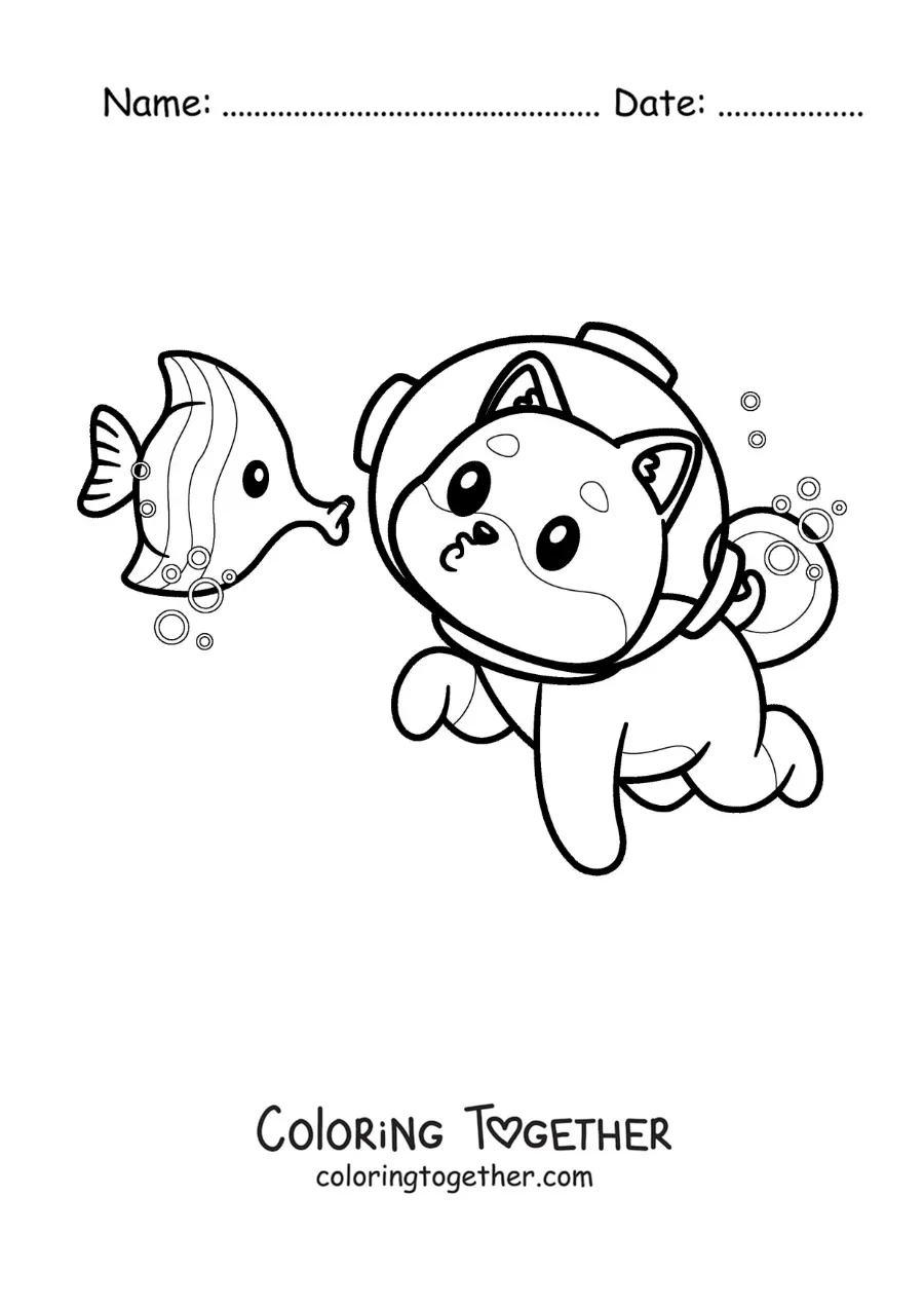 Coloring page of a cartoon dog with a helmet diving with a fish