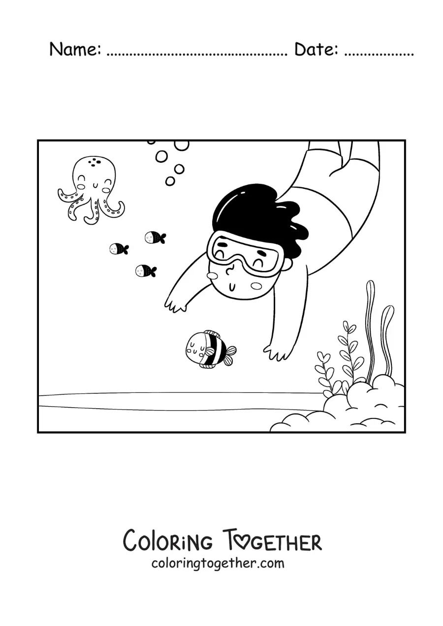 Coloring page of a boy diving on the sea floor with fish and octopuses