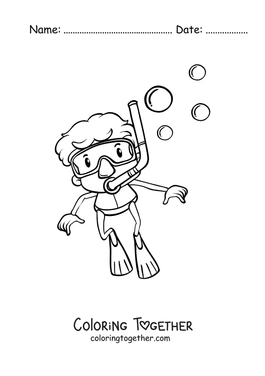 Coloring page of a boy diving with a snorkel and flippers
