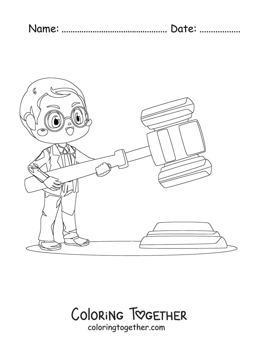 Coloring page of a kawaii lawyer holding a giant gavel