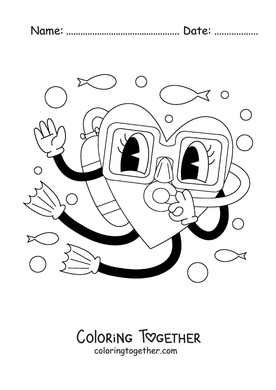 Coloring page of a cartoon of an animated heart diving